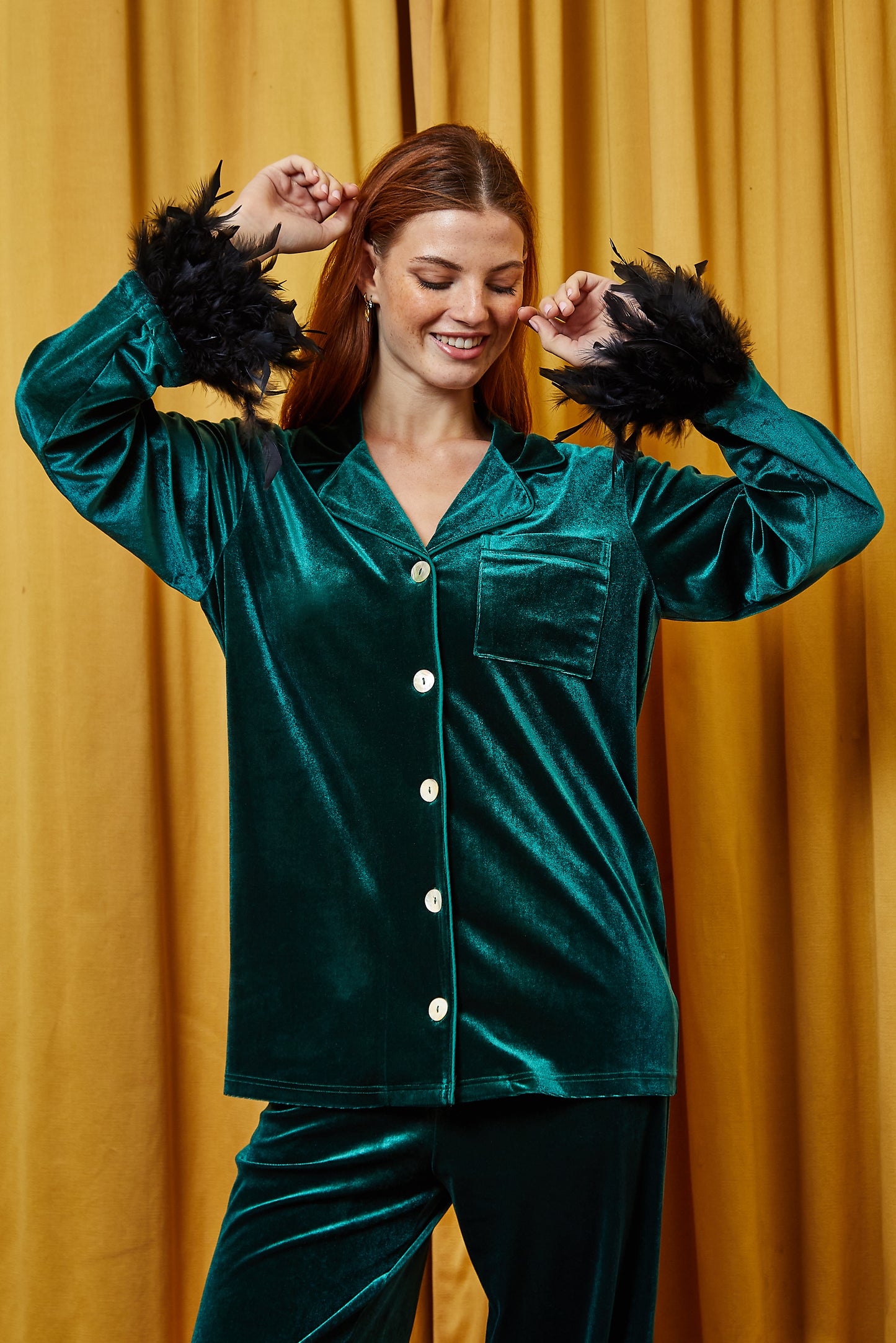 Forest Green Velvet Feather Trouser Set