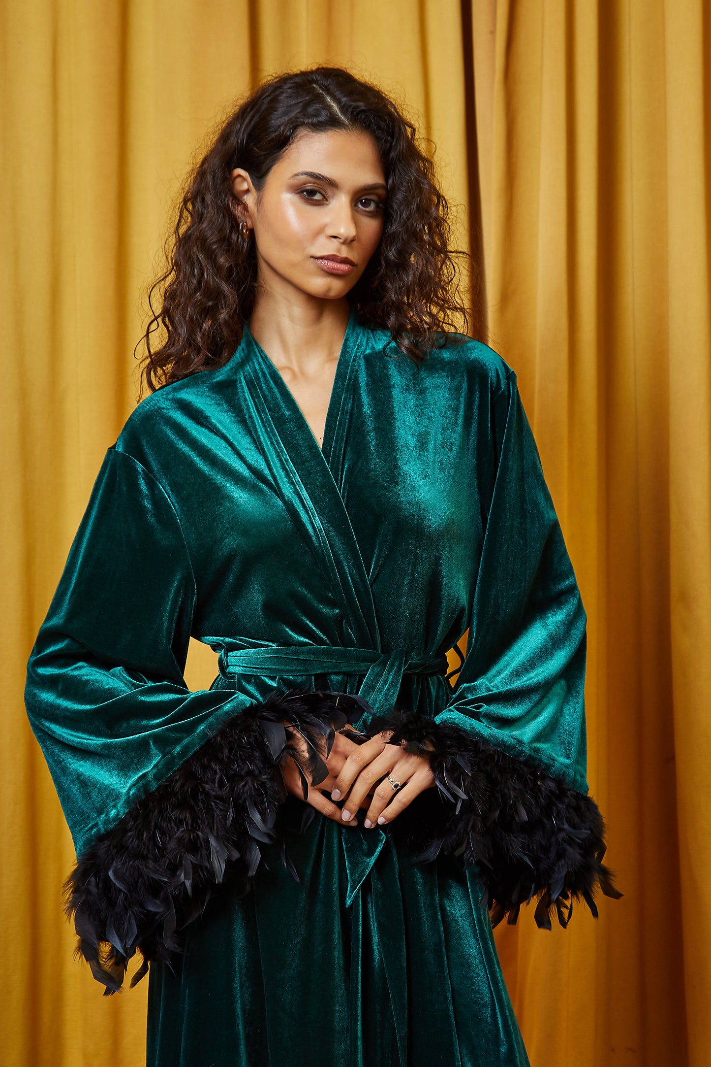 Forest Green Velvet Feather Robe