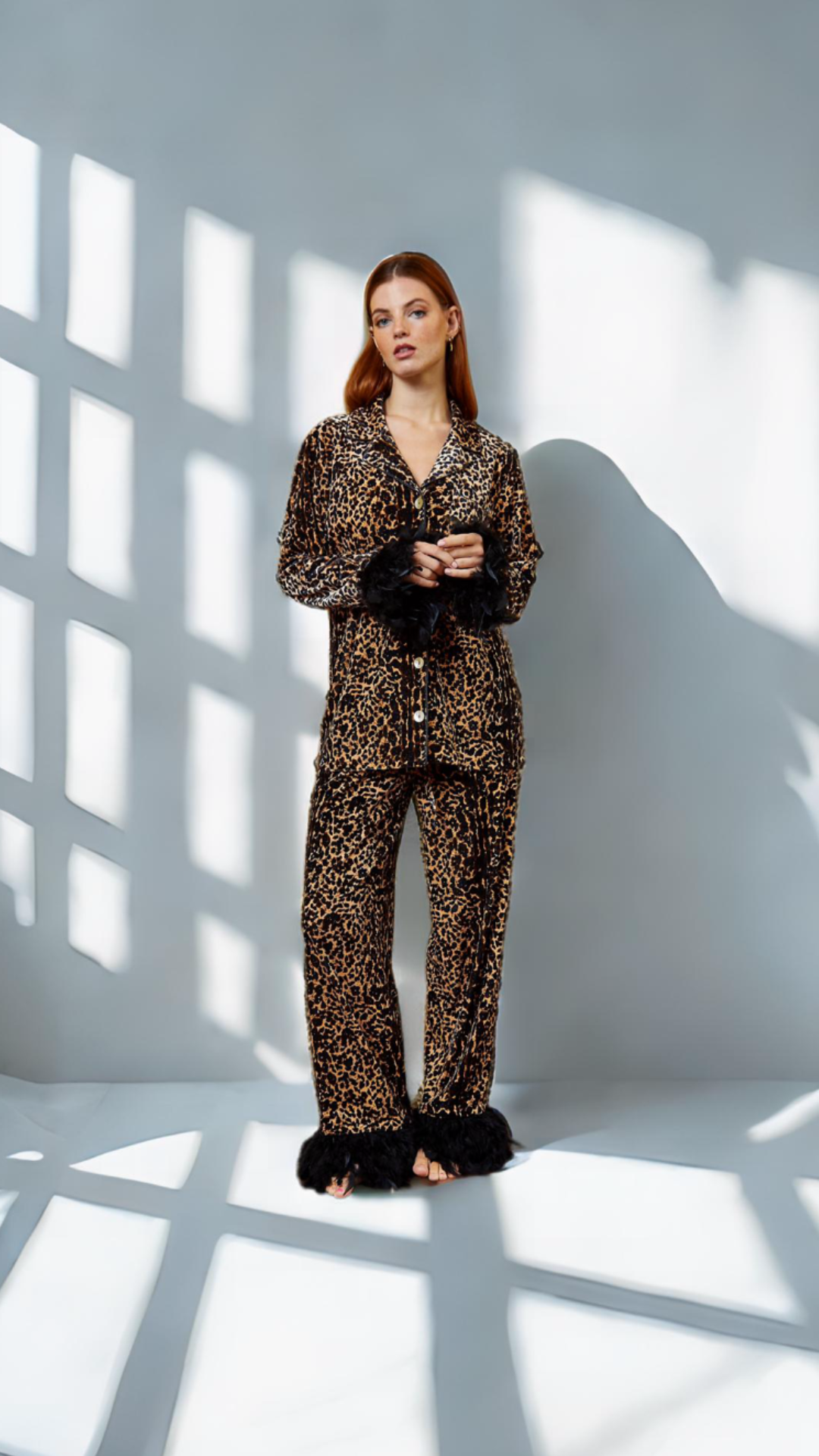 Leopard Feather Velvet Trouser Set